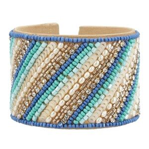 Brand New Beaded Cuff Bracelet with Blue, Gold and Cream Accents
